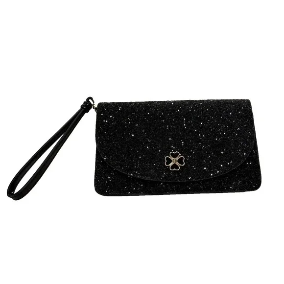 Kate Spade Glittery Evening Bag Wristlet 4 Leaf Clover Closure 3 Compartments - Picture 1 of 9